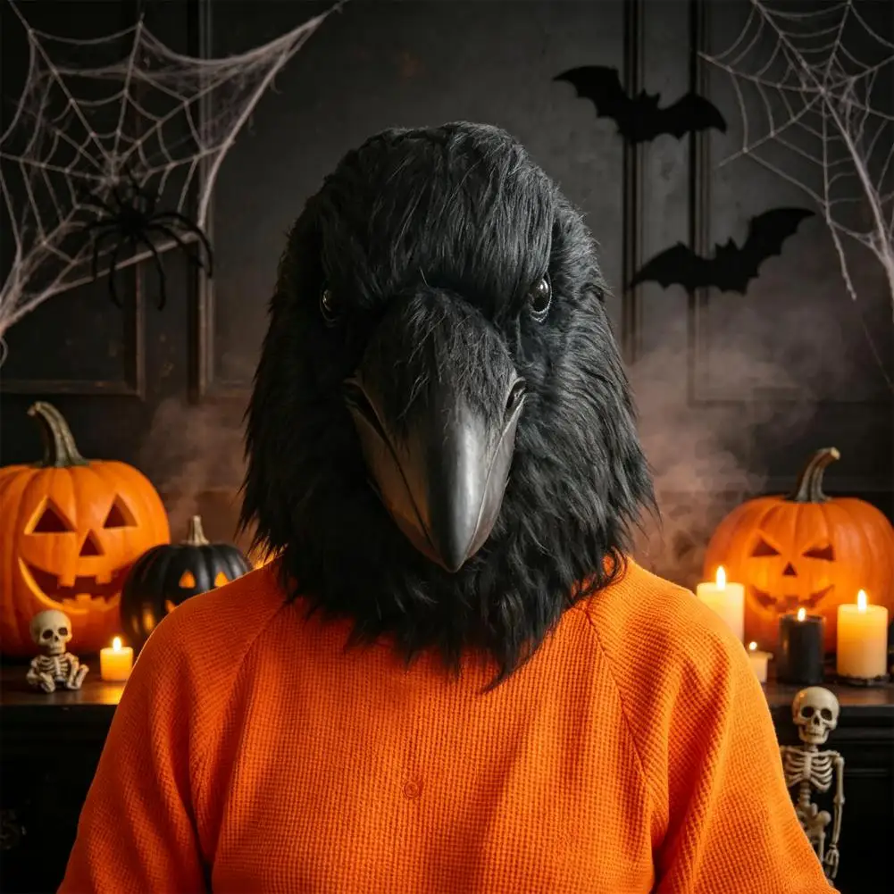 Halloween Crow Mask, Realistic Plush Bird Full Head Latex Mask, Vintage Steampunk Cosplay Costume, Long Beak Mask - view 3