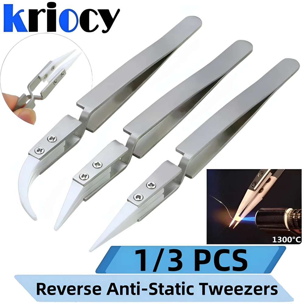 1/3PCS Ceramic Straight Tip Electronic Soldering Tweezers, Anti-Static Reverse Acid Resistant Precision Chuck Ceramic Tweezers