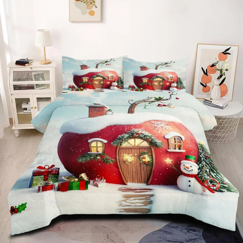 

Christmas Queen Apple House Snowman Quilt Set, Holiday Decoration Bedding Set 3-Piece Set