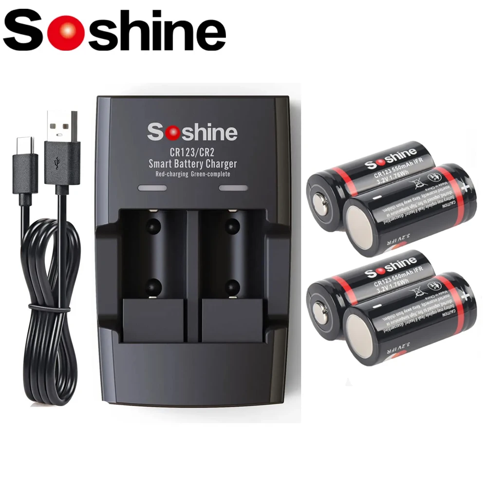 Soshine 3.2V 550mAh LiFePO4 Rechargeable Battery and LiFePO4 Smart Battery Charger RCR123 16340 Batteries for Smoke Alarms Toy