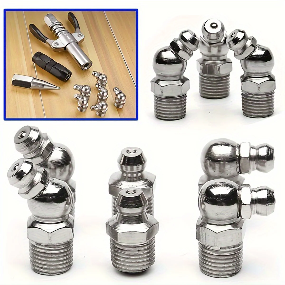 طقم حلمات شحم مجلفن مكون من 60 قطعة - حلمة شحم M6/M8/M10 45 ° /90 ° /180 °   للآلات الصناعية للسيارات والتصنيع