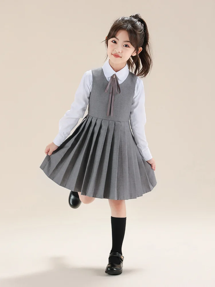 

Girl School Uniform Dress Khaki Gray Royal Blue Color Children Long Dress Size 110-170 Children Long Quality Formal Dresses