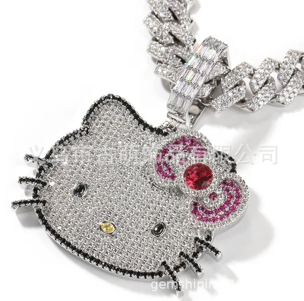 

Sanrio Necklace Pendant Hello Kitty Hip Hop Necklace Cartoon Trendsetter Hip Hop Men Women Anime Zircon Powder Solid Necklace