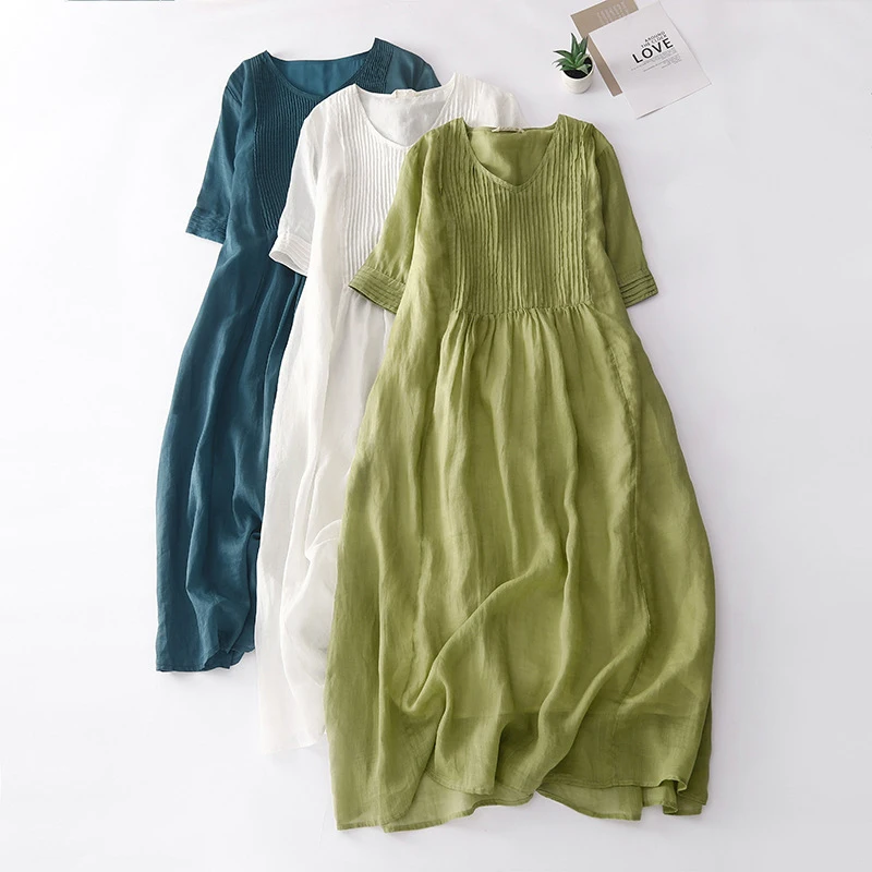 

Vintage Pleated Linen Solid Midi Dresses for Women Summer V Neck Cool Short Sleeve Long Dress Elegant Vestidos Casual Clothes