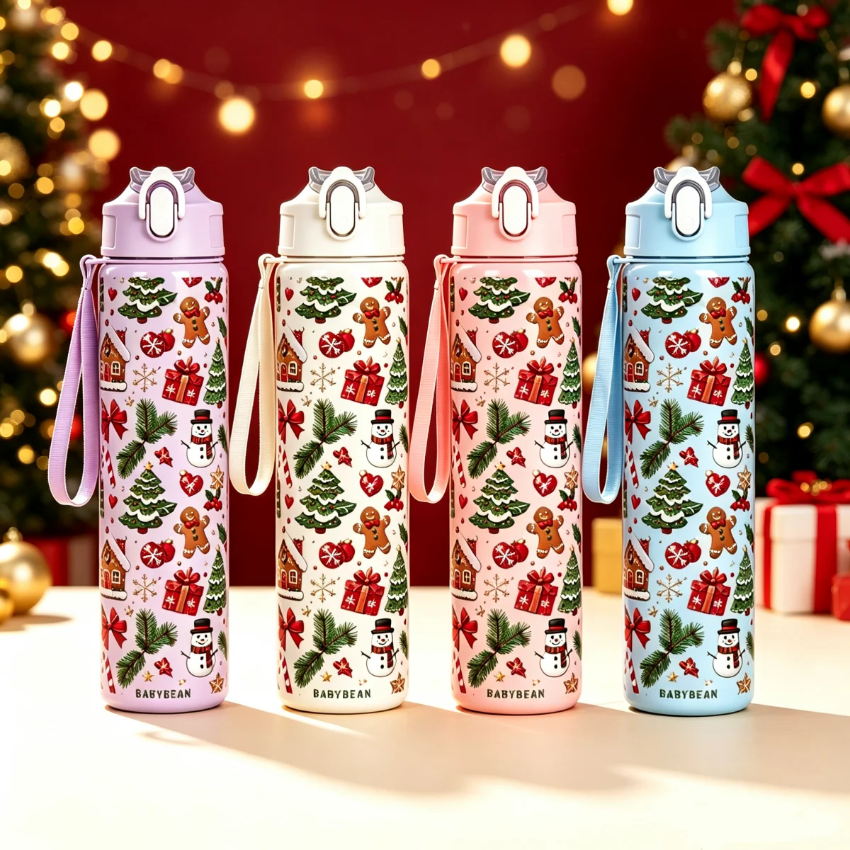 Christmas Water Bottle With Straw Portable Plastic Cup Gingerbread Man Snowman Xmas Tree Print Outdoor Travel Holiday Gift
