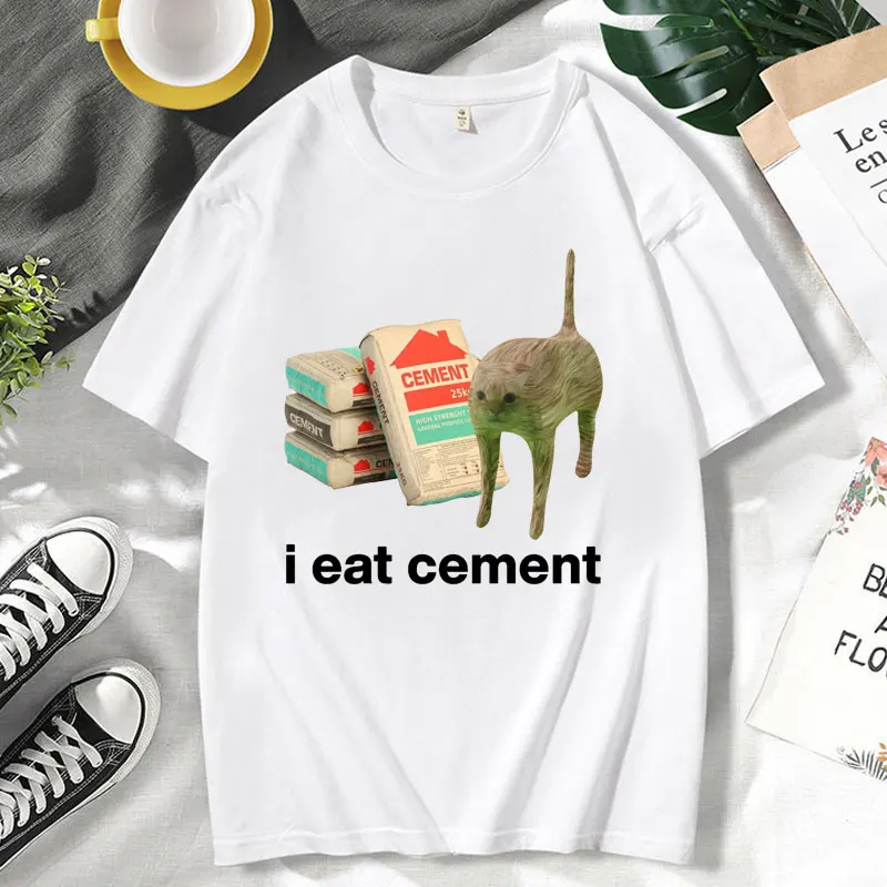 I Eat Cement Cursed Cat Funny Meme Graphic T Shirts Men Women Fashion Humor Short Sleeve High Quality Cotton T-shirt Tops