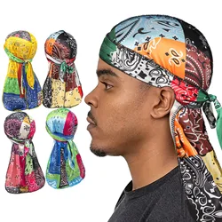 Paisley Stampa Silky Durags Bandane per uomo Biker Headwrap Doo Rag Cappello da pirata Cap Cinghie lunghe Copricapo Sciarpa per la testa Berretto ondulato