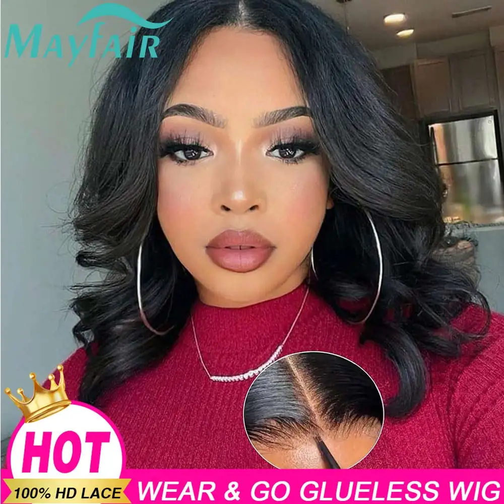 

Wear And Go Glueless Human Hair Wig Bob Malaysian Body Ocean Wave Short Bob 4x4 Lace Front Pre Plucked Human Wigs Ready To Go