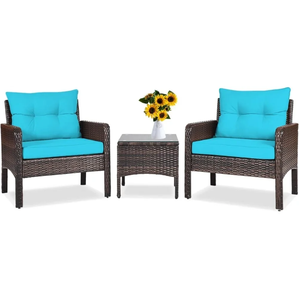

3 Piece Patio Furniture Set, Outdoor Rattan Wicker Conversation Set with Cushions, Glass Top Coffee Table for Garden Balcony
