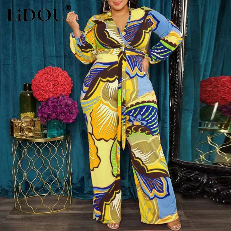 Spring Autumn New Fashion Temperament Trend Plus Size Office Lady Jumpsuit Vintage Sexy Print Loose Suit Women Oversized Clothes