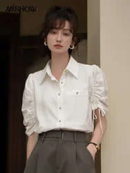 MISHOW French Commuter Thin Shirt for Women Summer Loose Pleating Puff Sleeve Single Breasted Slim Female Tops MXC34C0020