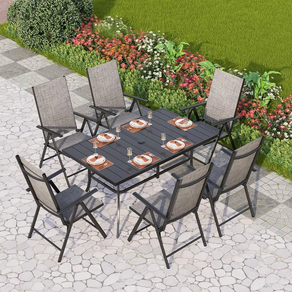

Patio Dining Set for 6, Outdoor Dining Table and Chairs Furniture Set with Adjustable Foldable Patio Dining Chairs (Gray) & Met