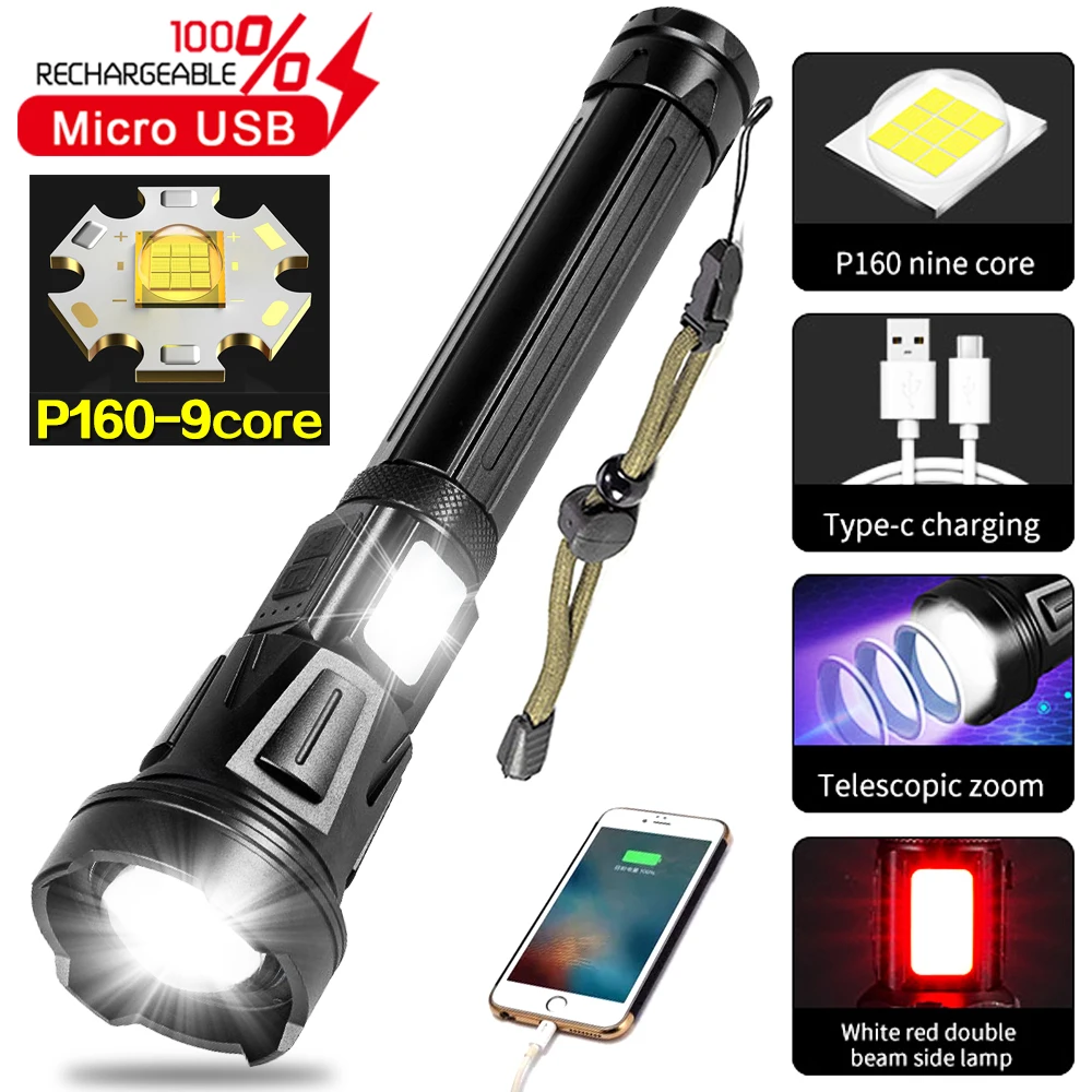 P160 9core LED Flashlight USB Rechargeable Torch Zoomable Lights with Side Red Powerful Power Bank Waterproof Tactical Lanterns