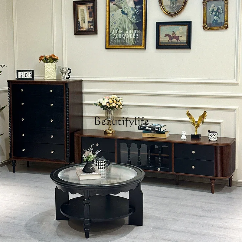 

yj21 French Retro Pure Solid Wood TV Cabinet Black American Style Small Apartment Living Room Floor Cabinet