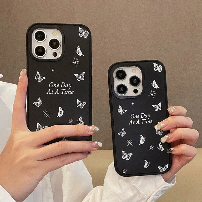 

White Butterfly Black Frosted Phone Case Cover for IPhone 13 14 15 Pro Max Case
