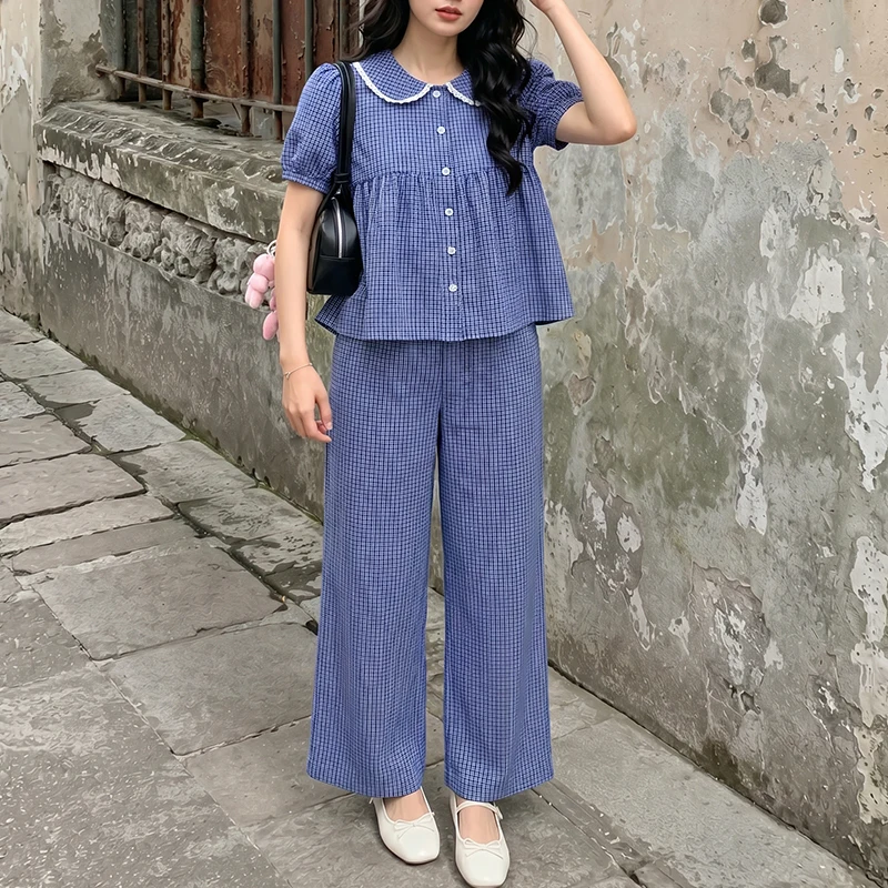 VONDA Two Piece Sets Women Short Puff Sleeve Peter Pan Collar Tops Wide Leg Pants Korean Suits Casual Plaid Matching Outfits