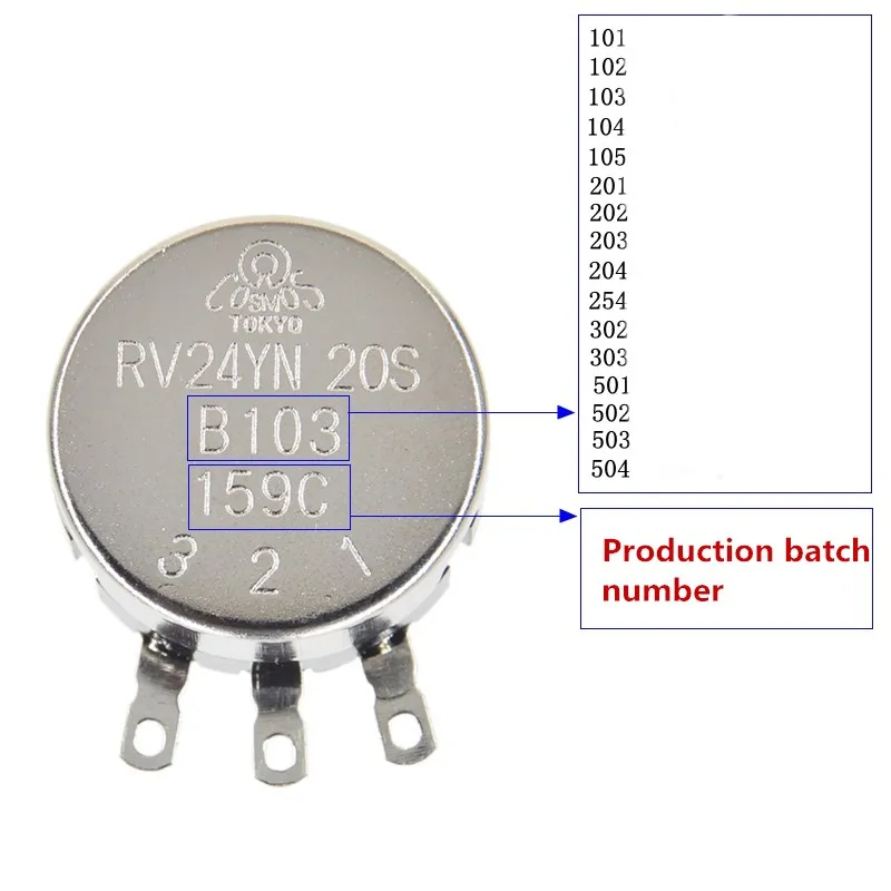RV24YN20S B201 B501 B102 B202 B502 B103 B203 B503 B104 B204 B254 B504 B105 500 ohm 10K 20K 50K 100K 200K ohm Potentiometer