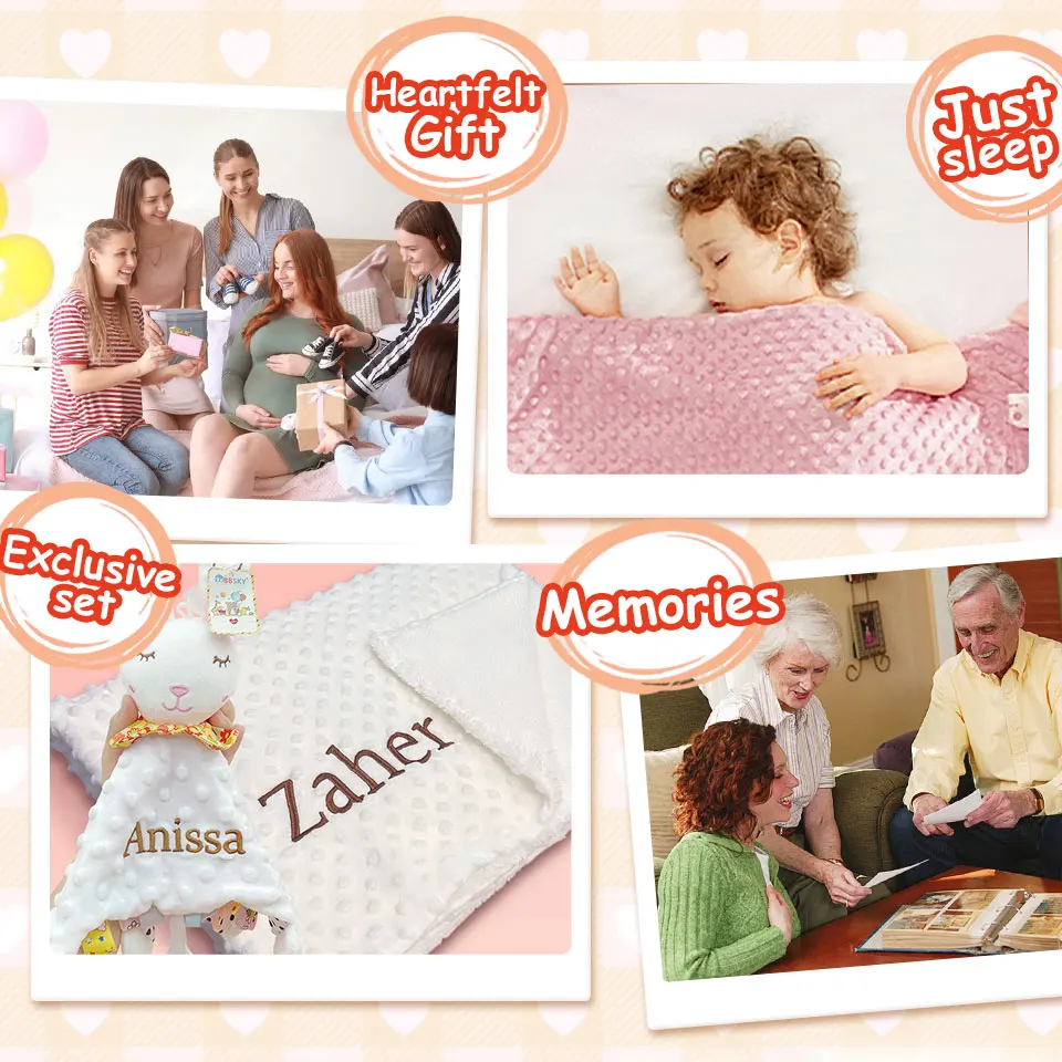 Personalisierte Neugeborenen-Babydecke mit Namen, Maßgefertigtes Dot-Minky-Kinderwagen-Pucktuch-Set, Sicherheitstuch, Babyparty-Geschenk für Jungen – Detail 6