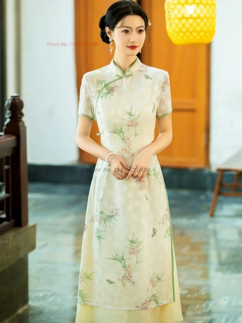 

2026 Вьетнамское платье аодай, китайское винтажное платье-ципао с национальным цветочным принтом, улучшенное ципао, традиционное банкетное платье в восточном стиле