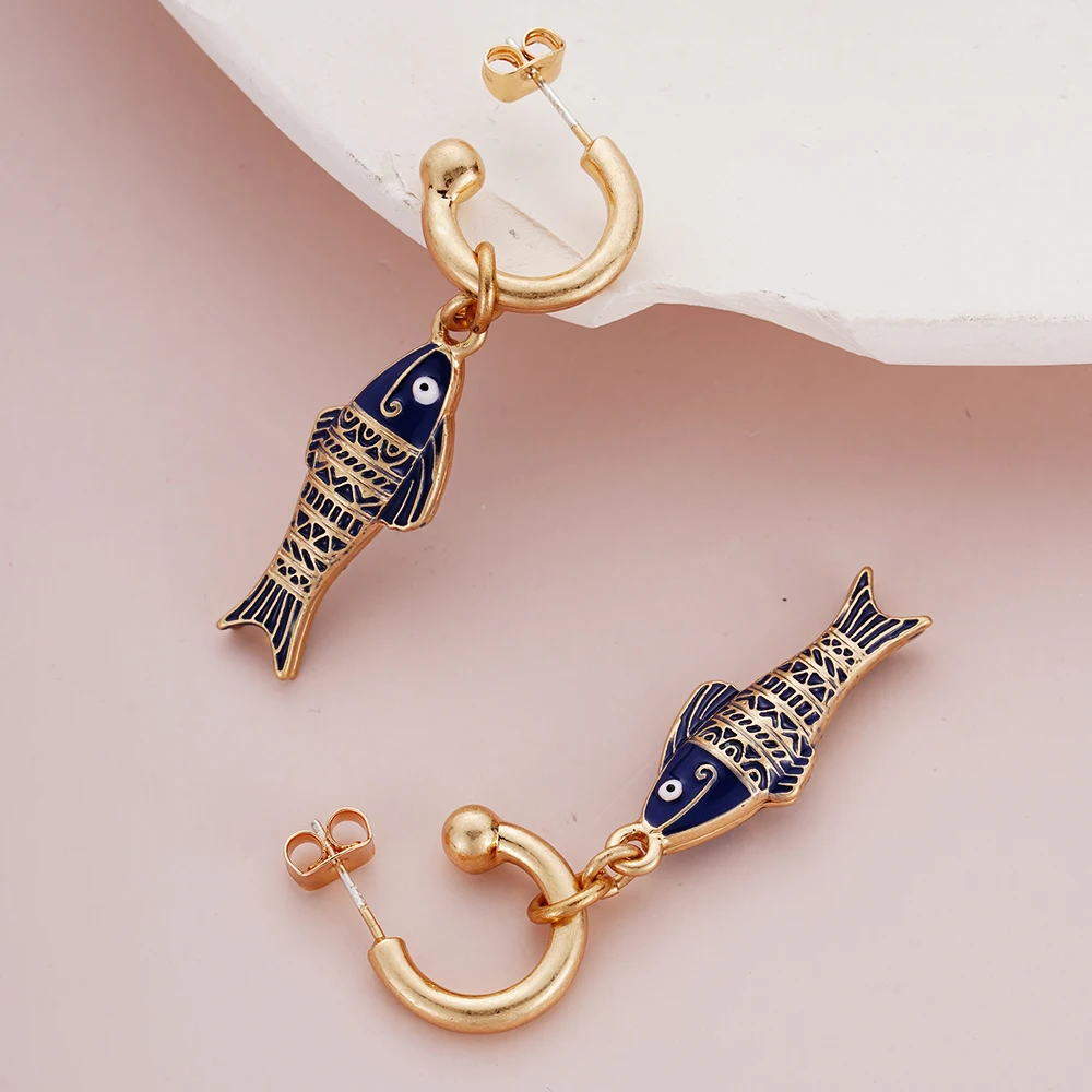 

Fishing Earrings Navy Stripe Bohemian Chic Marine Life Charms Dangle Women Girls C-Shapled Statement Earring