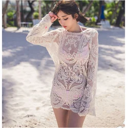 Commemorative Bell Sleeve Dress Casual femininos Crochet Floral Lace embroidery dress Sheer Boho People Women Magenta tops