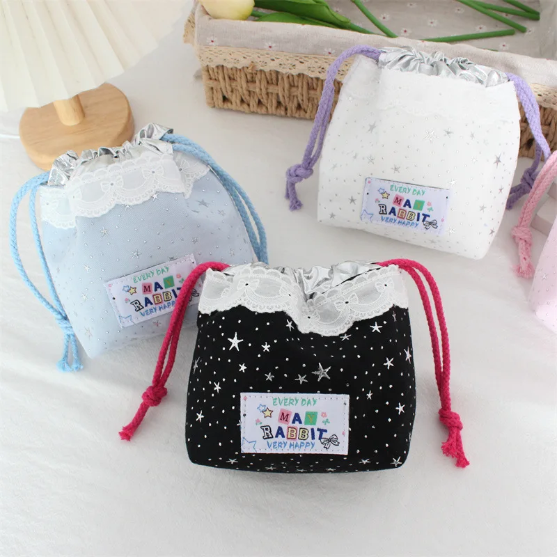 INS Cute Star Double Layer Drawstring Bag Sweet Lace Ruffle Travel Toiletry Pouch Large Capacity Wash Organizer for Cosmetics