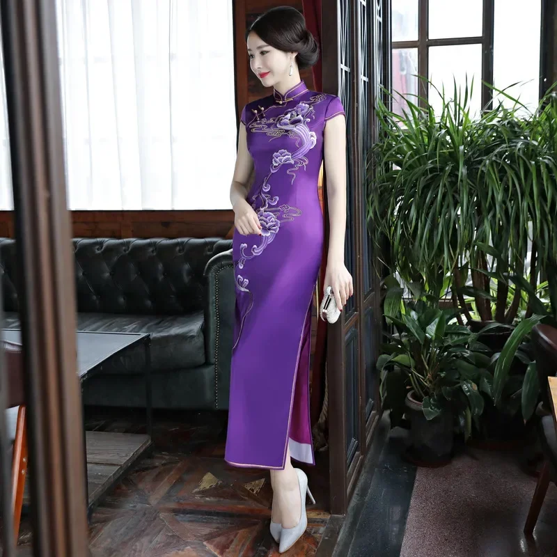 

Purple Embroidery Flower Split Sexy Cheongsam Women Short Sleeve Show Chinese Dresses Long Satin M-4XL Qipao Gown