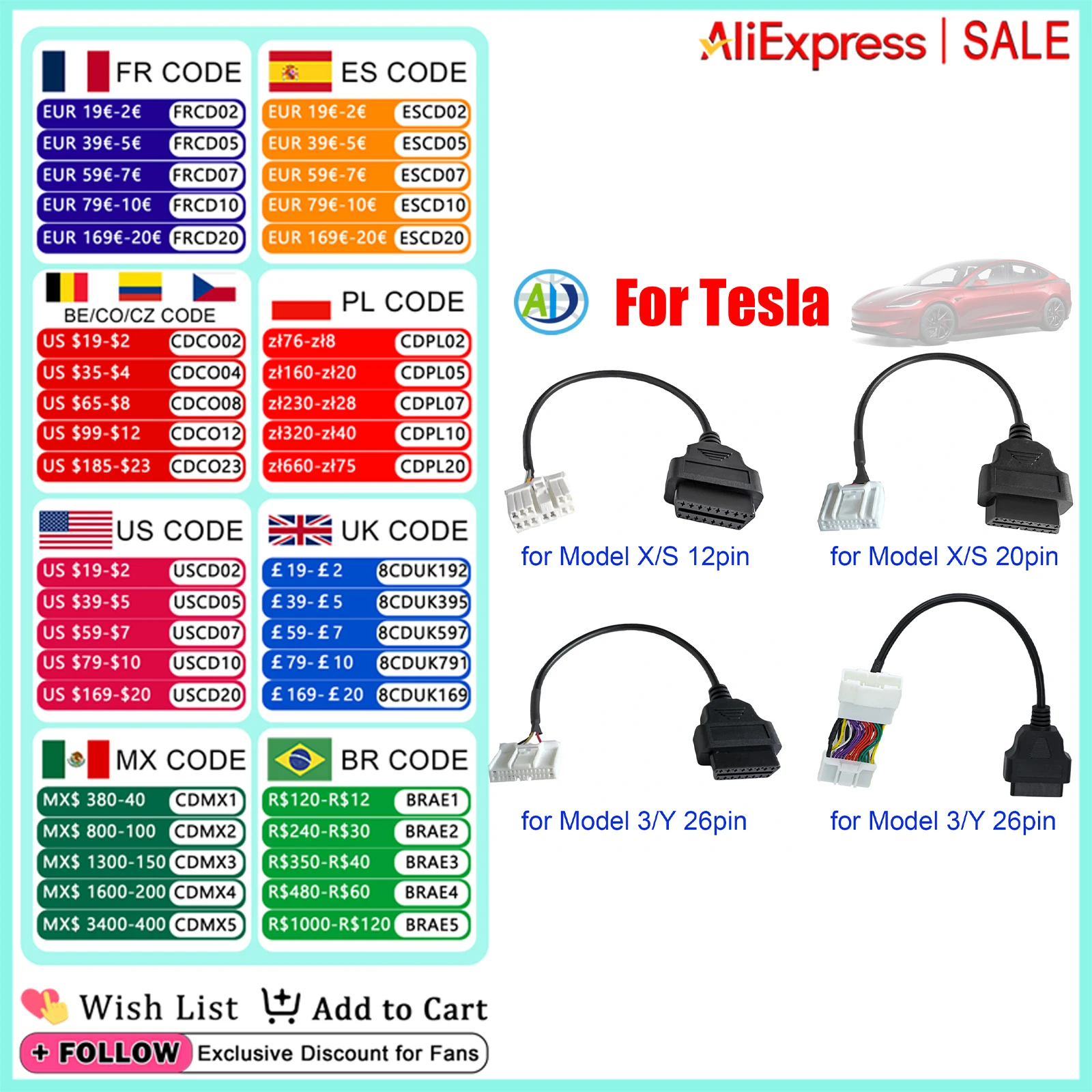 

OBD2 Adapter Cable For Tesla Model S Model X Model 3 Model Y OBD Diagnostic 26Pin 20pin 12pin Connector Harness For X431 Scanner