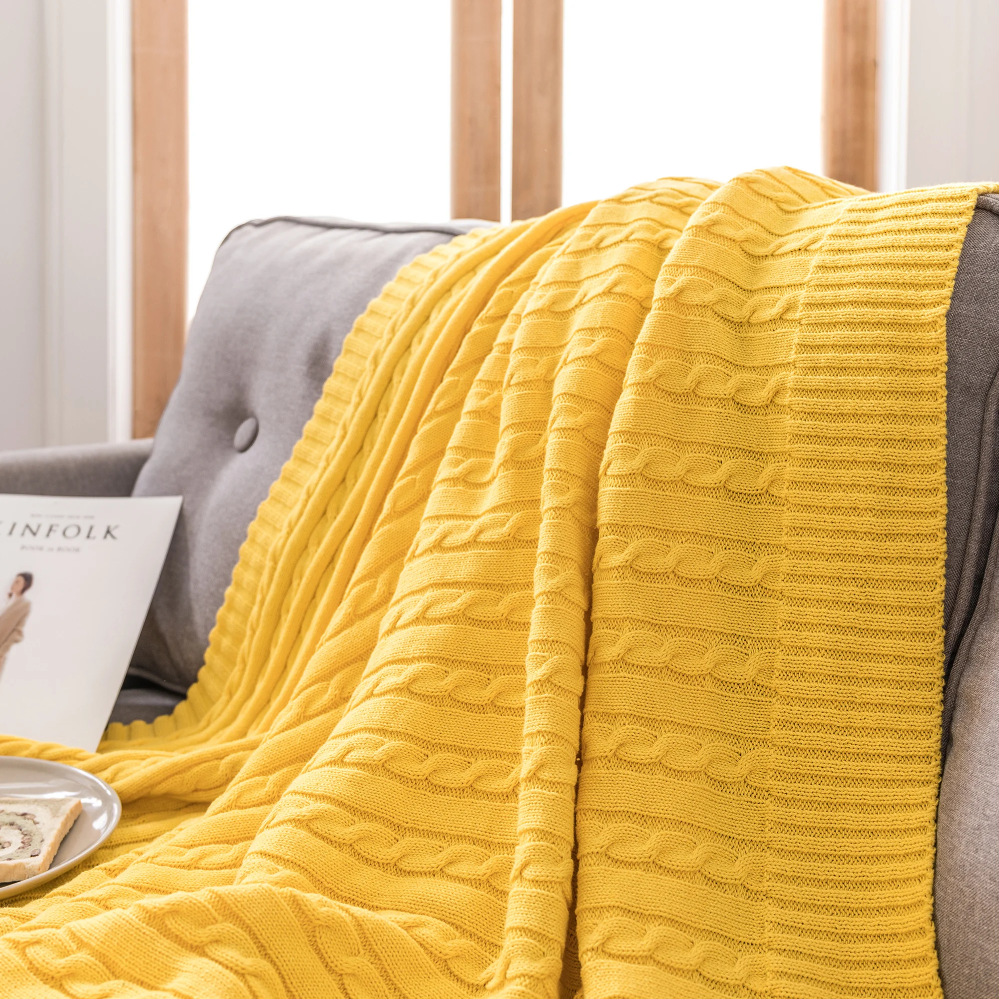 Battilo Cotton Knitted Throw Blanket Soft Cozy Cable Knit Sofa Throws Large Heavyweight Decorative Blanket for Twin Queen Bed