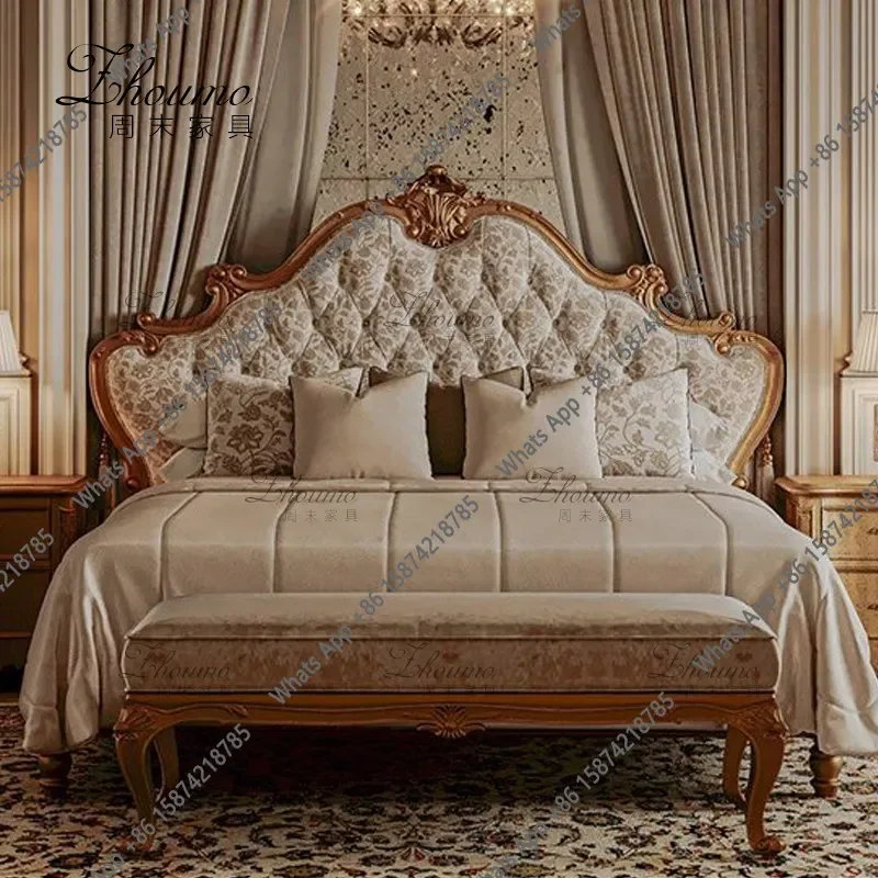 Ii French Retro Solid Wood Double Bed Antique Carved Bedside Master Bedroom Large Bed Printed Soft Bag Single Bed