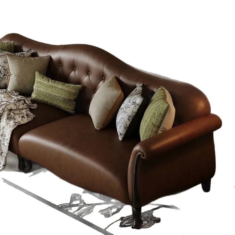 Leather sofa, American retro small apartment antique black sofa