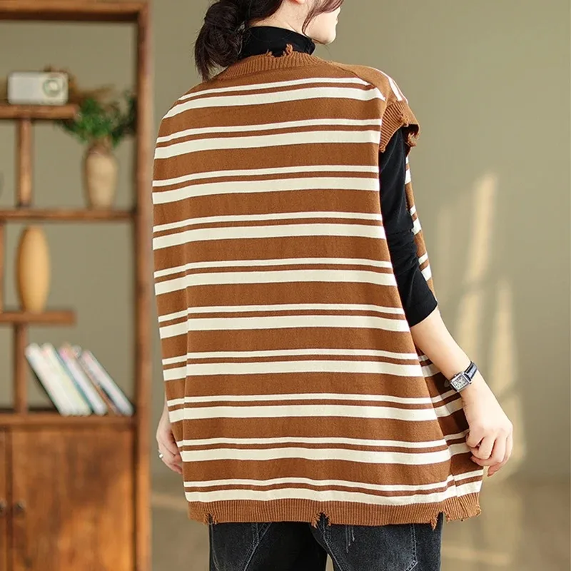 Literary Vintage V-neck Vest Women's Spring New Printed Stripes Loose Leisure Fashion Korean Versatile Patchwork Knit Split Vest