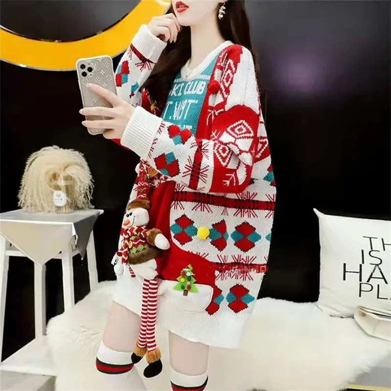 Large Size Women Sweater Autumn Winter Korean Loose Thick O-Neck Red Christmas Sweater Sweet Cute Pullover Knitted Jumper Mujer