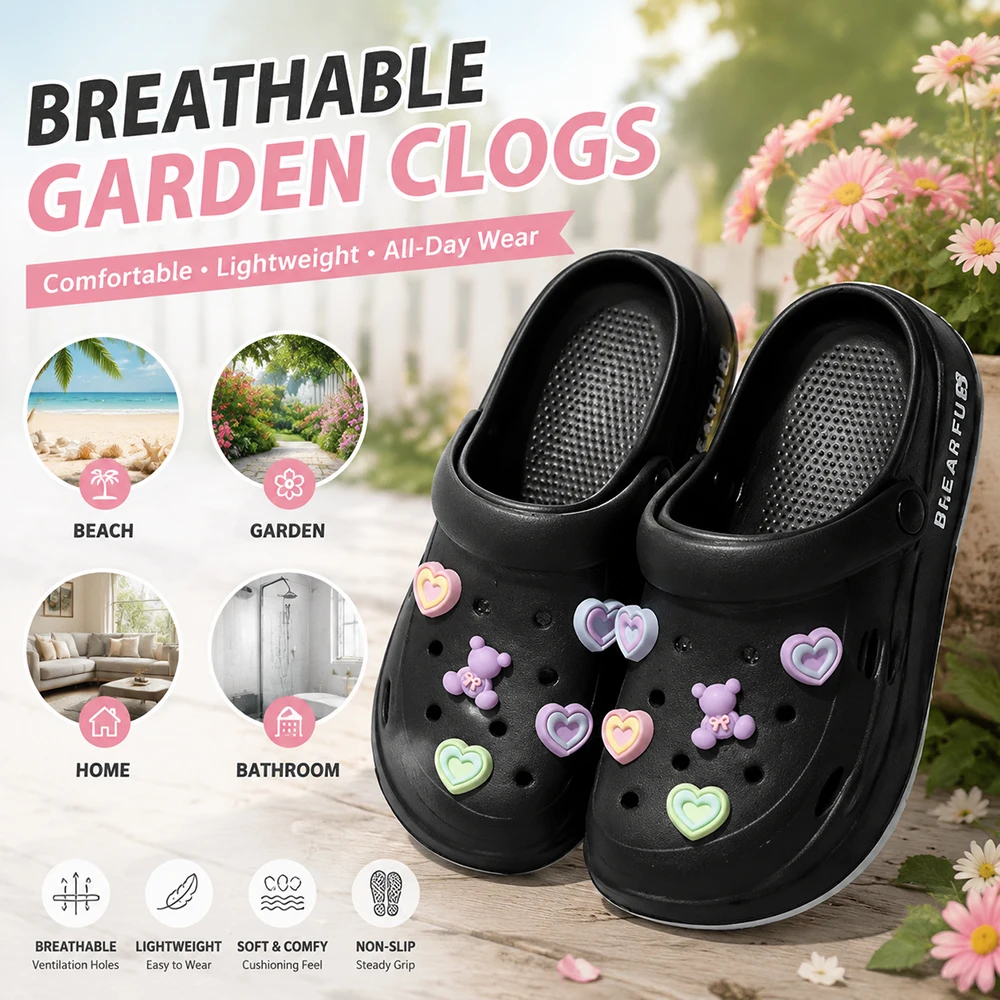 Unisex Lightweight EVA Clogs Cute Black Garden Shoes Slim Leg Design Summer Beach Sandals Home Shower Outdoor Casual Slippers