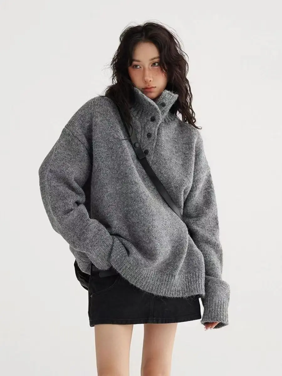 

Корейский серый вязаный свитер с высоким воротником для мужчин и женщин, осенне-зимний свободный ленивый модный винтажный уличный свитер на пуговицах