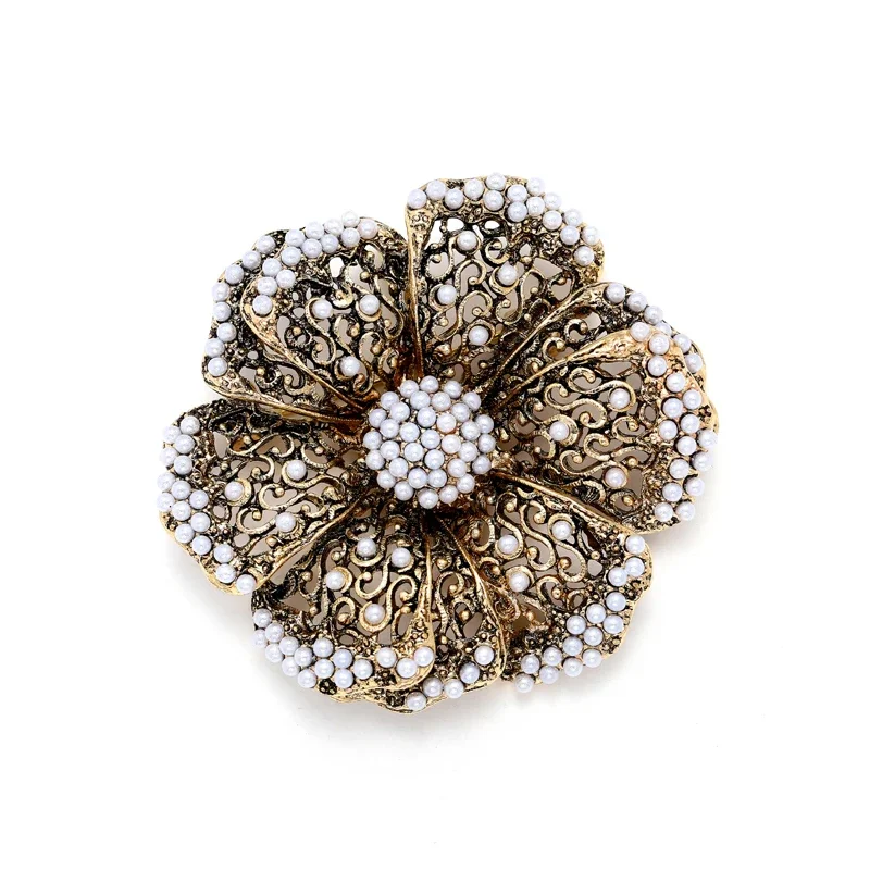 Morkopela Vintage Filigree Flower Brooch For Women Pearls Large Blossom Pins Scarf Clothes Clip Pin Banquet Brooches Jewelry