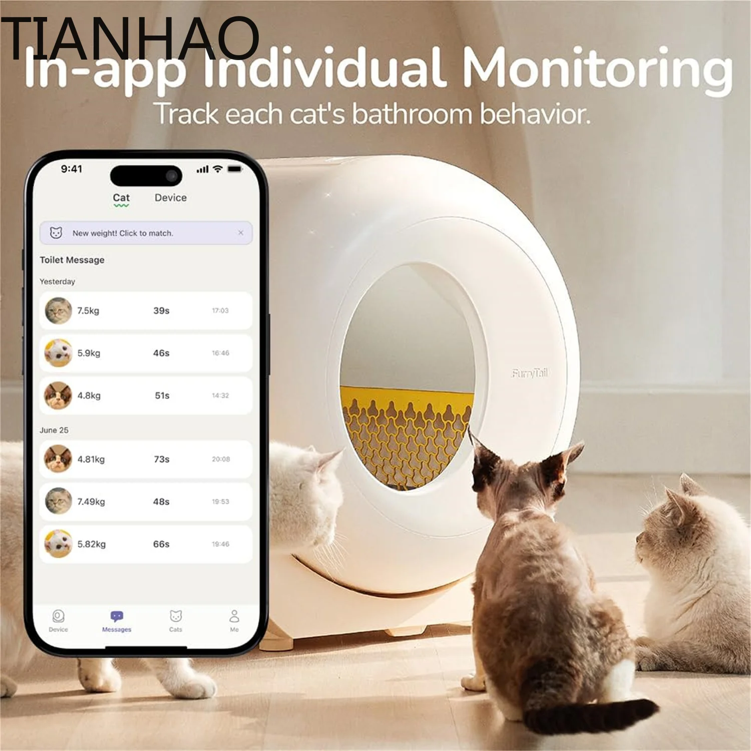 FurryTail Smart Litter Box, App and Self-Cleaning, Large Capacity with 40 Litter Bags, Suitable for Cats 1.5-10kg,