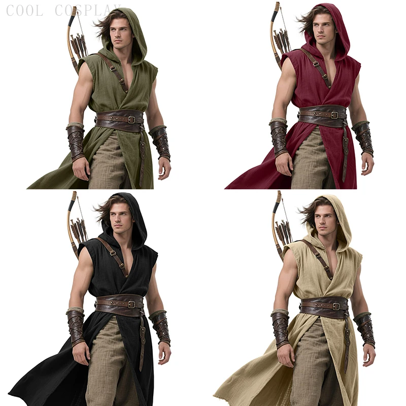 

Medieval Hooded Surcoat Men's Holloween Assassin Cosplay Performance Wear Renaissance Tabard Sleeveless Tunic Cloak Viking Suits