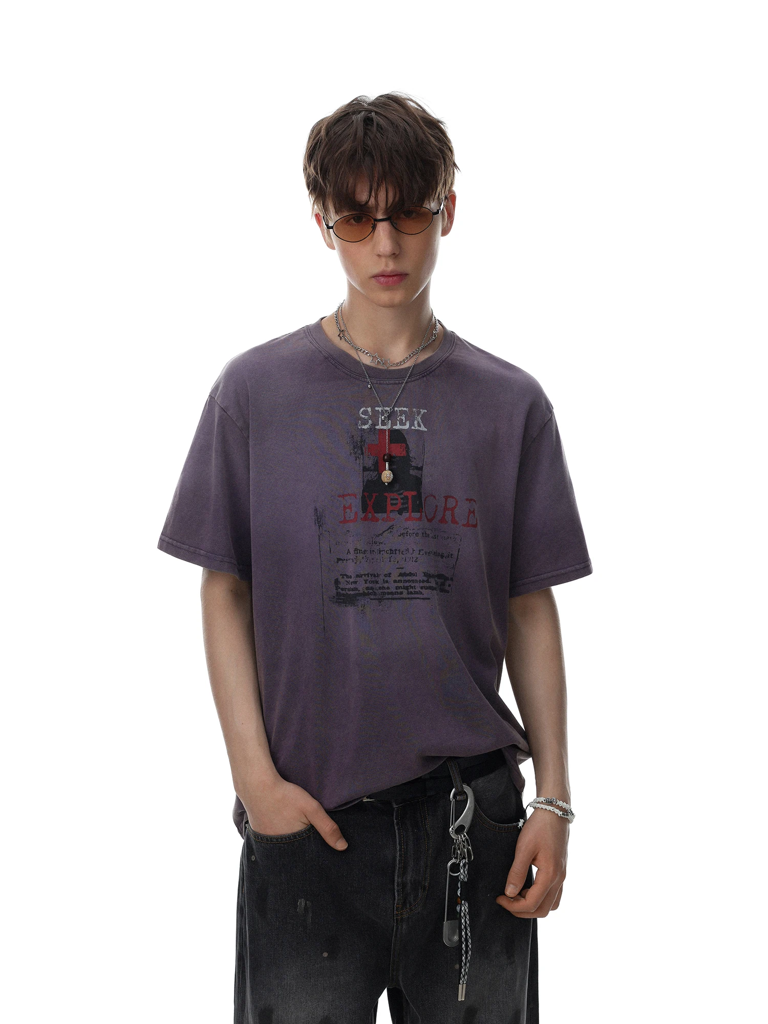 Retro American Worn-look Letter Print Short Sleeve T-shirt Men's Loose Fit Half Sleeve Top Trendy Cotton round Neck Tee