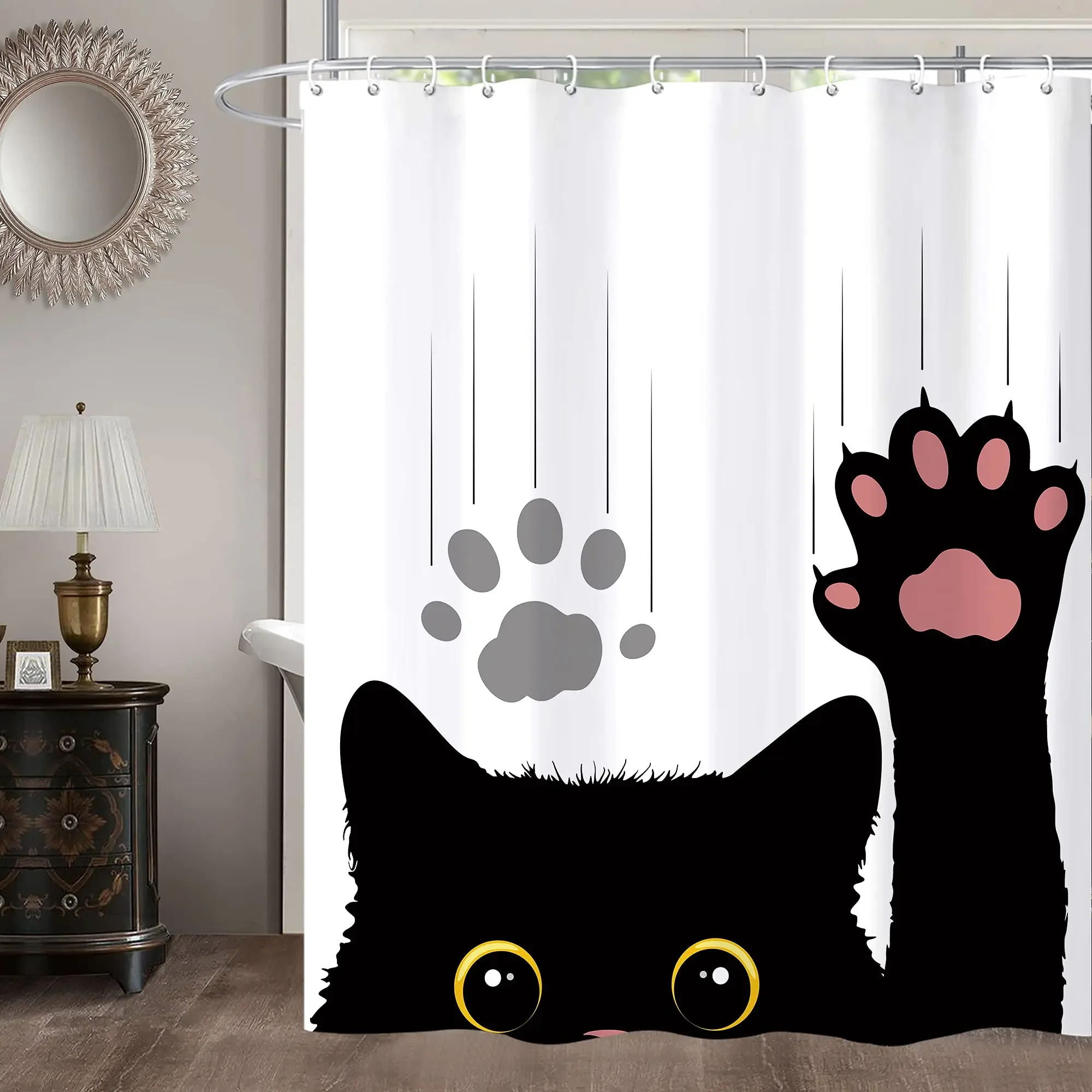 Cool Black Cat Shower Curtain Hippie Bathroom  Gothic Green Background Funny Animal Hipster Art Bathtub Decor with Hook