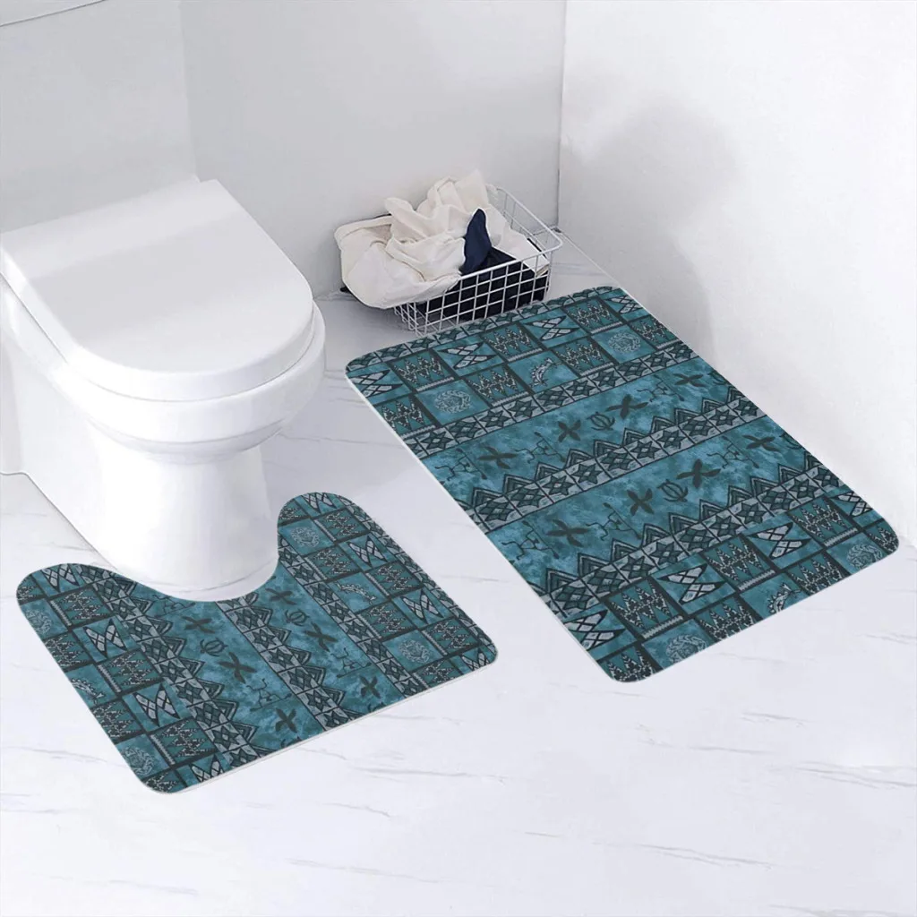 

Vintage Hawaiian Tapa Ocean Blue 2 Sets Bathroom Pad Non-Slip Bath Carpet Floor Mat Rug Flannel Baths Mat Bathroom Washable