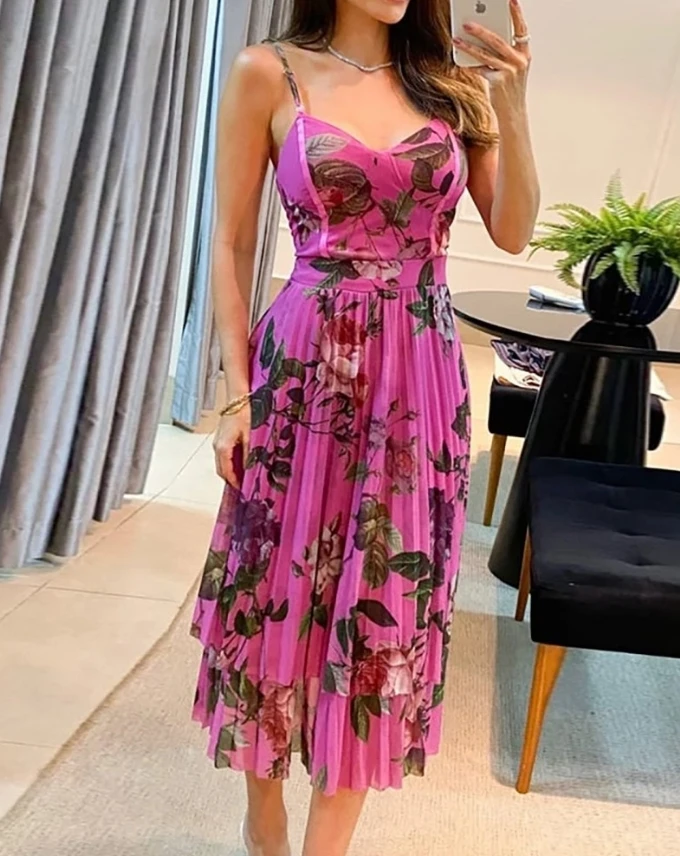 

Women's Dress Summer Vacation Fashion Casual Floral Print V-Neck Spaghetti Strap Pleated Dress High Waist Casual Cami Midi Dress