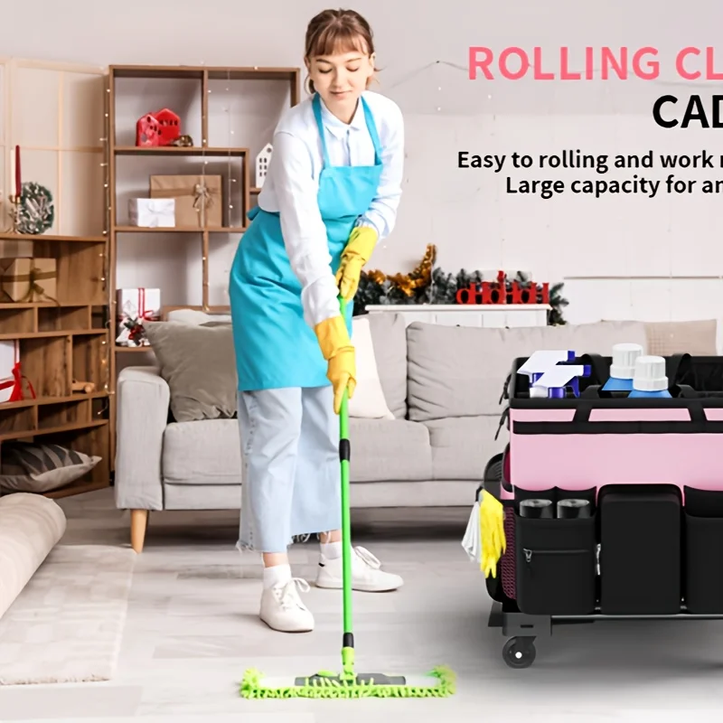 Large Rolling Cleaning Caddy Bag with Detachable Trolley, Waterproof Cleaning Caddy On Wheels for Housekeepers