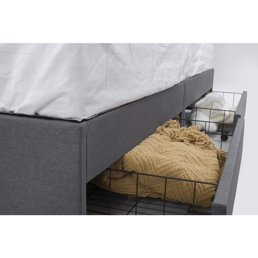 إطار سرير رمادي من قماش الكتان البانانا مع لوح رأسي كريستالي، 4 أدراج تخزين، دعم شرائح معدنية، لا حاجة إلى صندوق زنبركي (King (U)