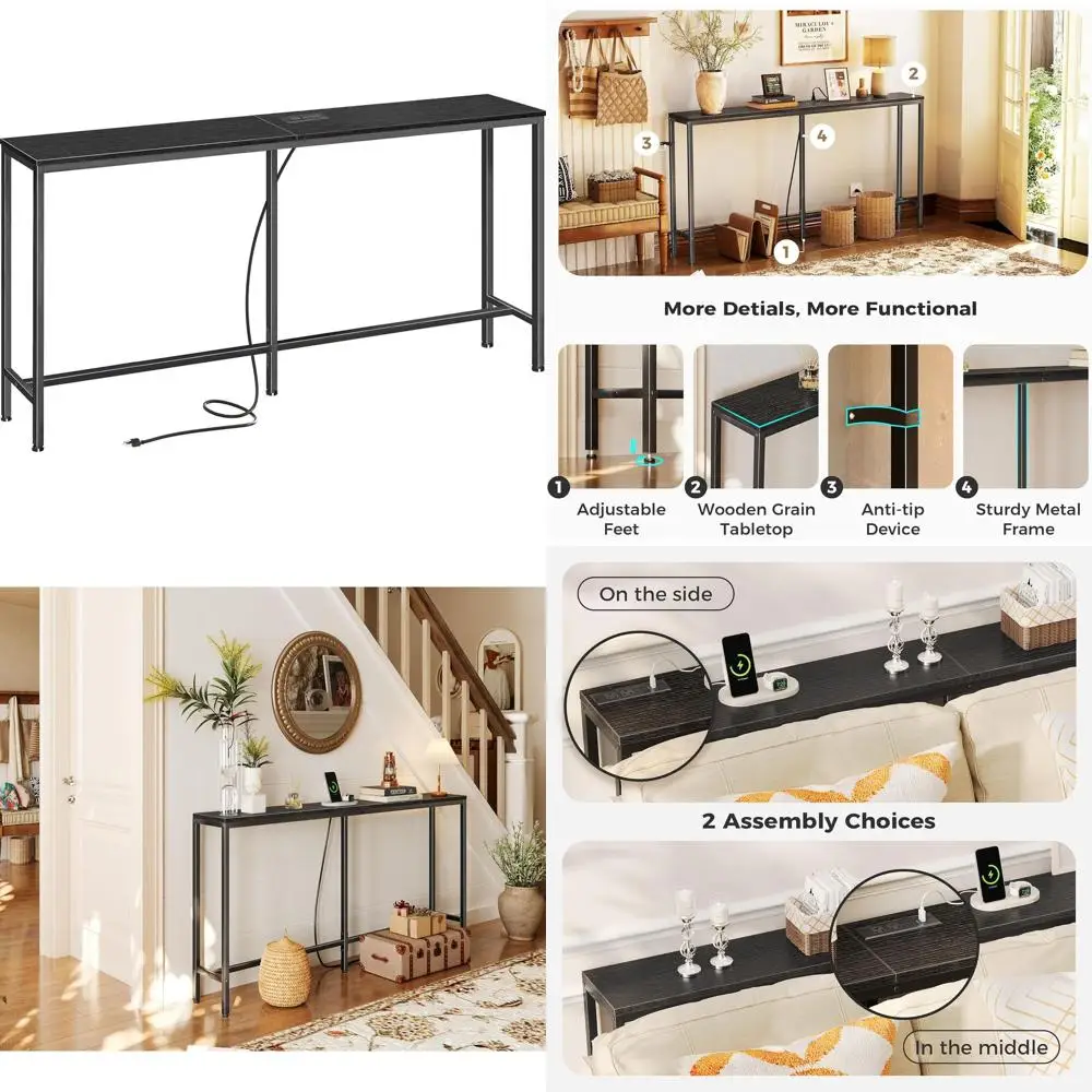 

63 Black Console Table with Outlet, Charging Station, for Skinny Entryways and Living Rooms