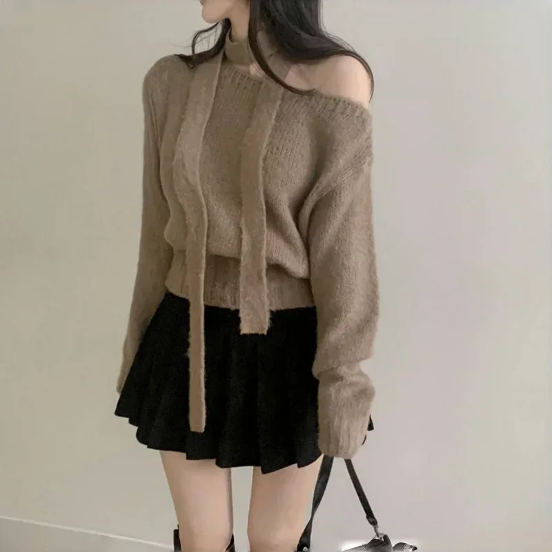 

Шикарный корейский винтажный свитер на одно плечо с длинными рукавами, женский универсальный топ с подвесным воротником, модный размер обновления