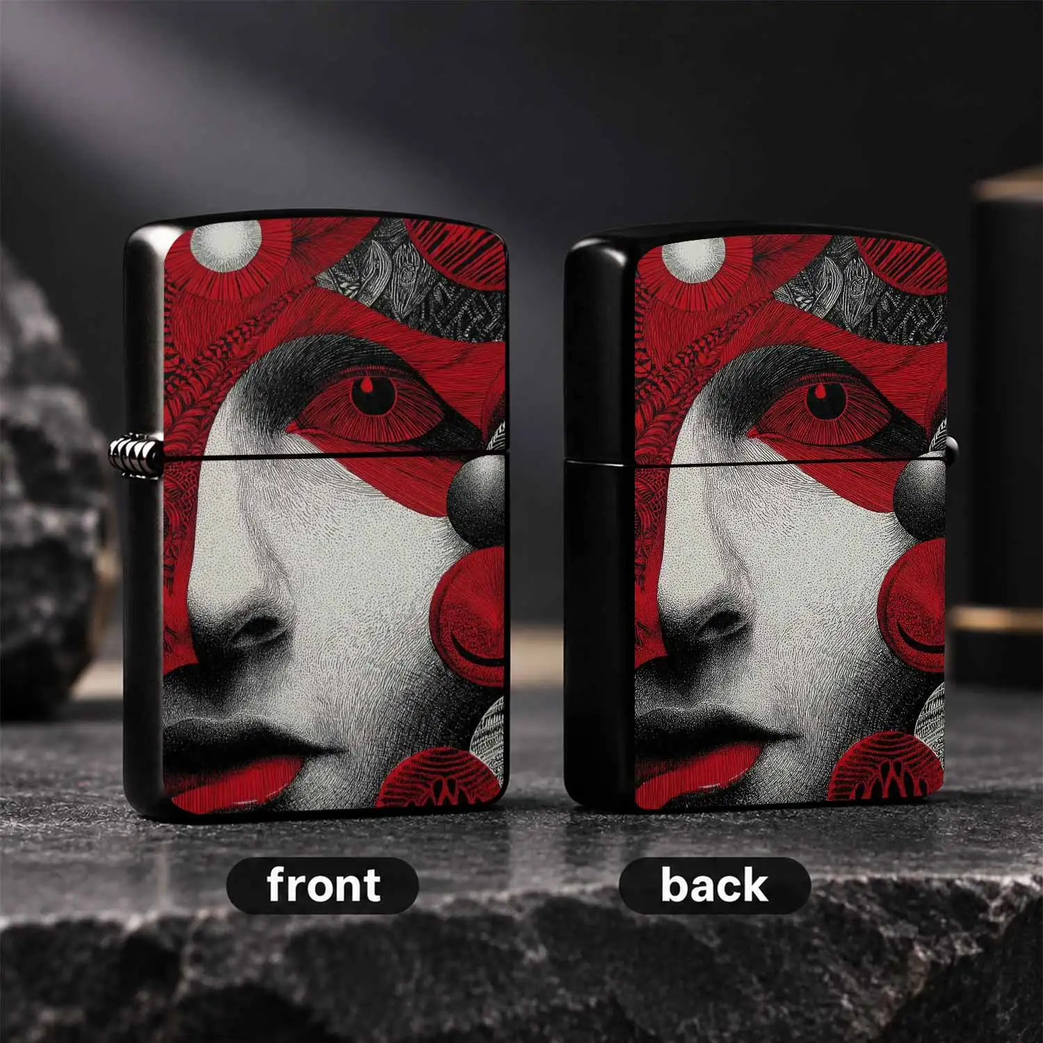 Stylish Red Black Art Pattern Portable Lighter, Exquisite Etched Human Face Design Accessory, Ideal for Daily All Scenarios, Perfect for Personal Use or Gifting, Delicate Crafted Eye Catching Practical Carry Item A Humorous And Interesting