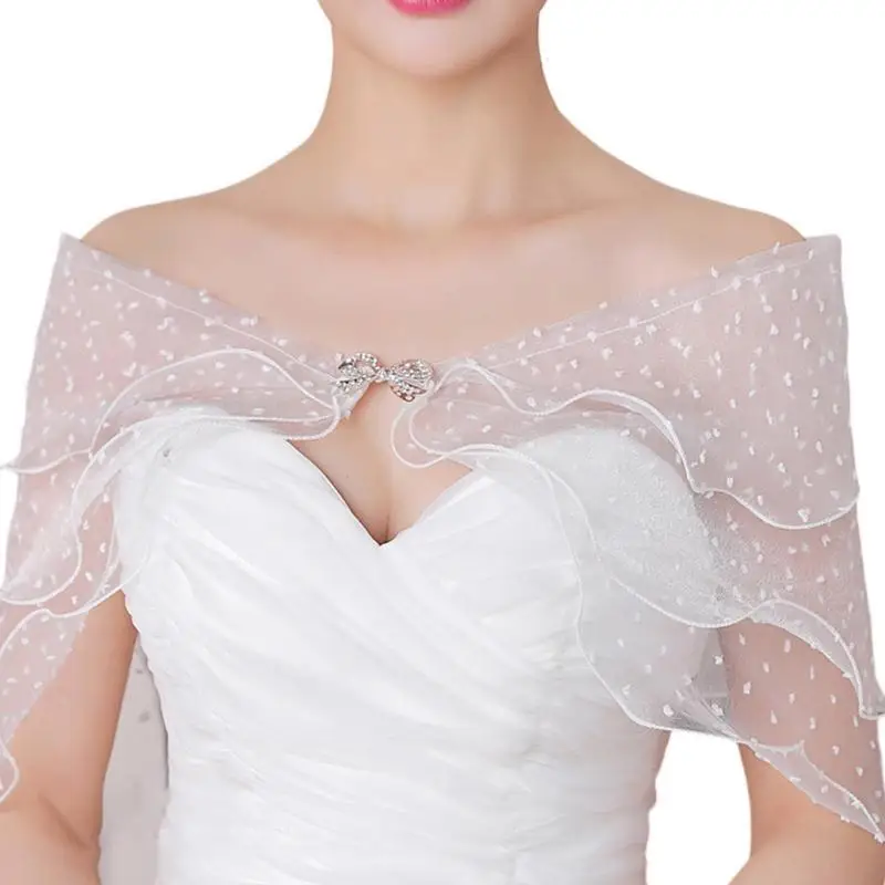 

A52E Elegant Lace Bridal Shawl With Bows and Rhinestones Wedding Bride Shawl