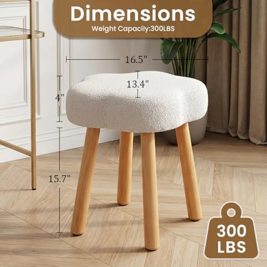 Cloud Vanity Stool for bedroom use, solid beech wood legs, cream white boucle fabric, flower-shaped upholstered ottoman, cute d