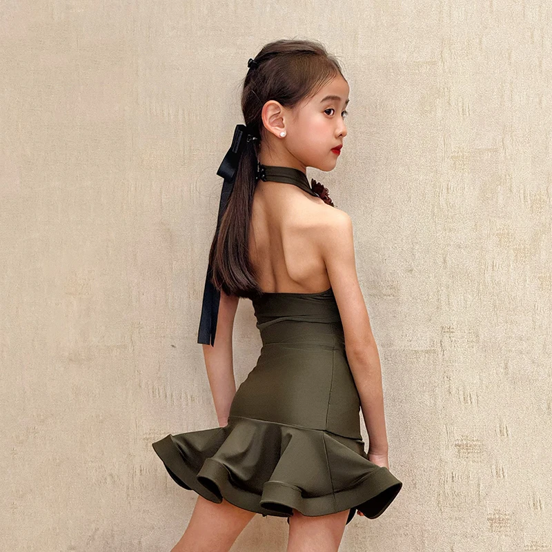 Sukienka na zawody tańca latynoamerykańskiego dla dziewcząt, bez rękawów, kostium do tańca latynoamerykańskiego, strój do tańca towarzyskiego dla dzieci, strój treningowy SL12506